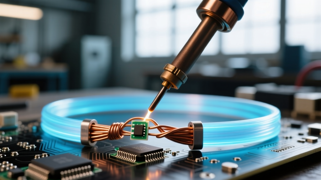 Soldering iron repairing a frayed 30-gauge copper wire connected to a surface-mount LED on a glowing fiber optic choker.
