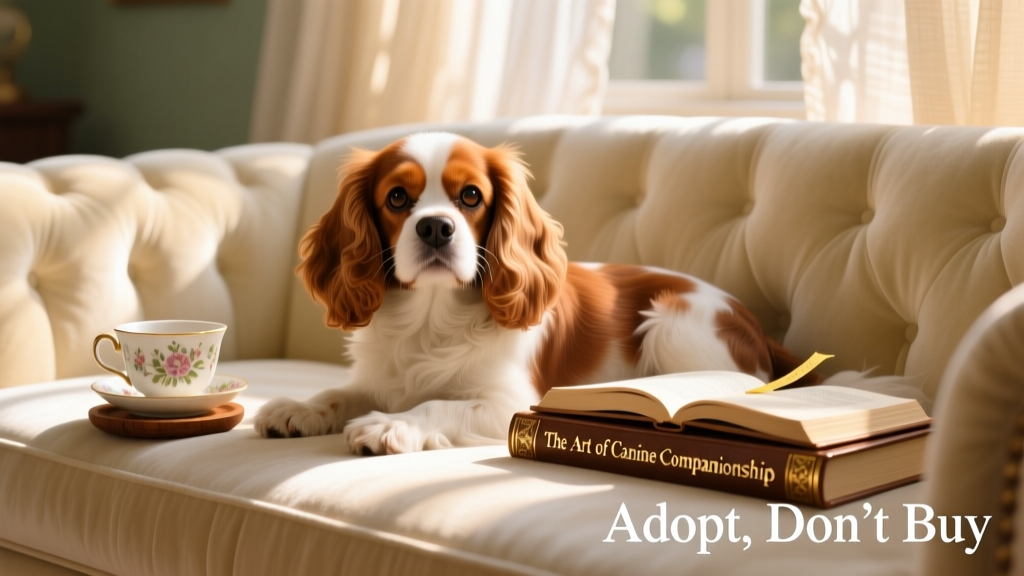 A Cavalier King Charles Spaniel resting gently on a sunlit sofa beside a book and teacup, highlighting its affectionate expression