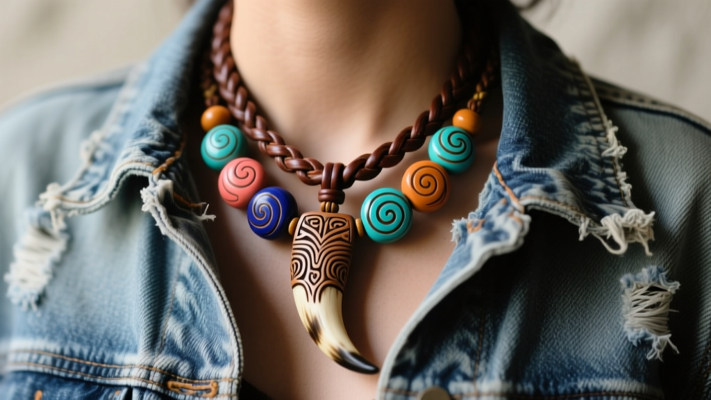 Braided leather necklace with colorful hand-painted clay beads and a carved horn pendant resting on a faded denim jacket collar.