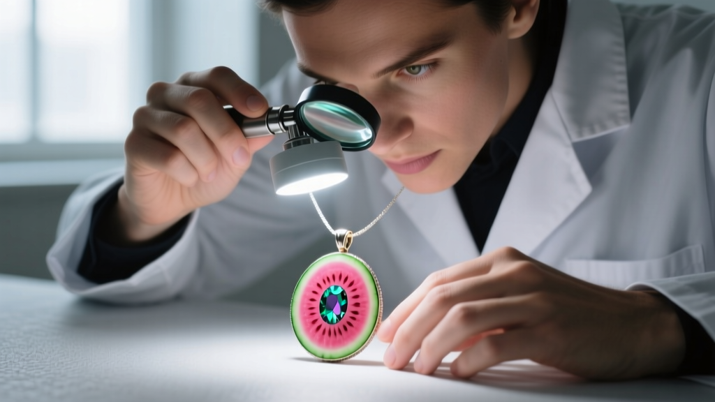 Jeweler inspecting a watermelon tourmaline pendant with a loupe for inclusions under a bright LED gemological light source