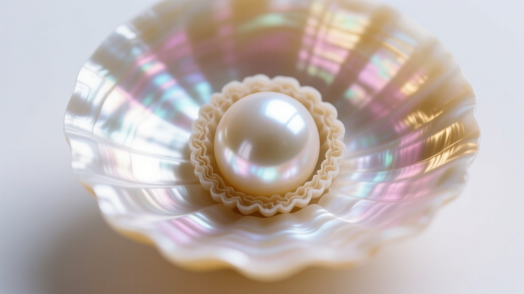 Macro photo of cross-sectioned South Sea pearl revealing thick concentric nacre layers around a spherical mother-of-pearl bead core