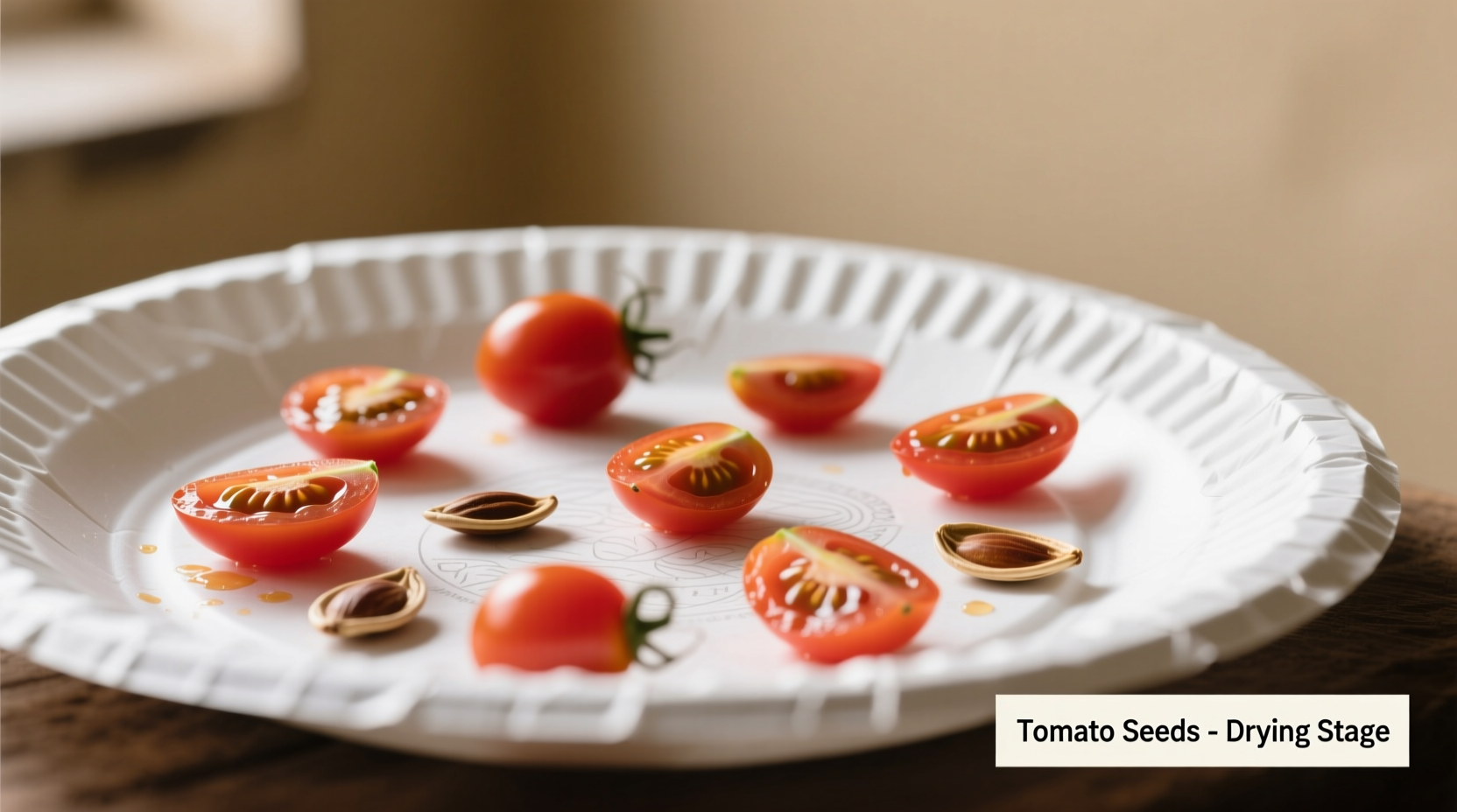 Tomato seeds drying on paper plate
