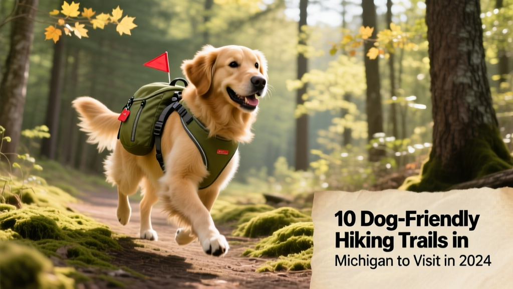 A happy dog trotting along a shaded forest trail in Michigan, wearing a lightweight harness and carrying a small backpack
