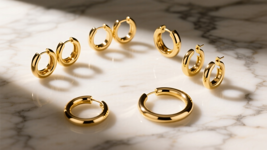 Flat lay of 14k solid gold huggies and medium hoops resting on a textured marble surface under warm directional studio lighting