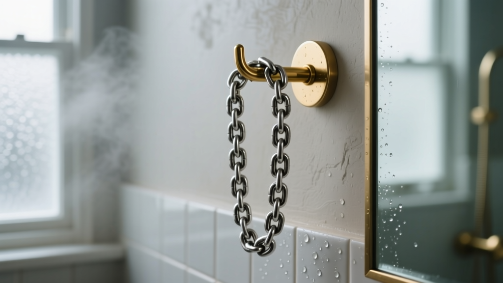 Silver chain with dark oxidation hanging on a brass hook of a wall jewelry holder inside a steamy, humid bathroom environment.