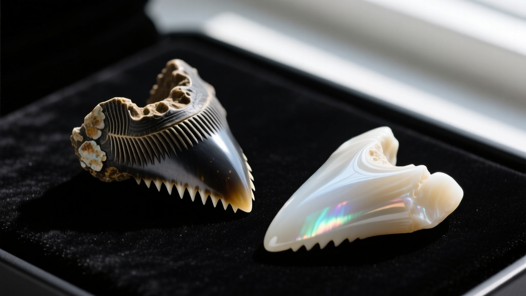Macro comparison of a black Cooper River fossil shark tooth and a lighter Moroccan phosphate shark tooth resting on dark velvet