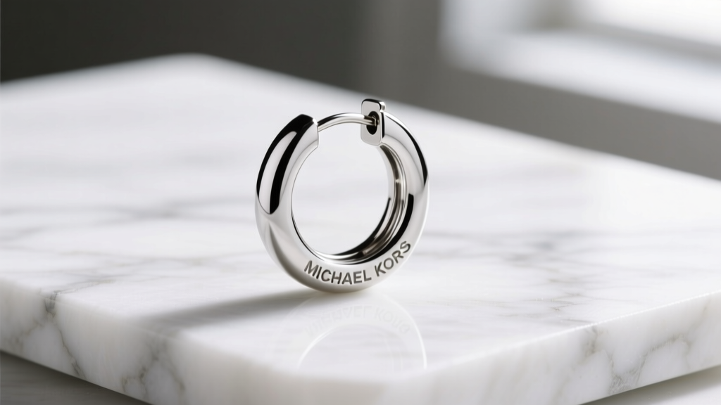 Macro shot of a silver-tone Michael Kors huggie hoop earring on white marble, highlighting the polished metal edge and clasp
