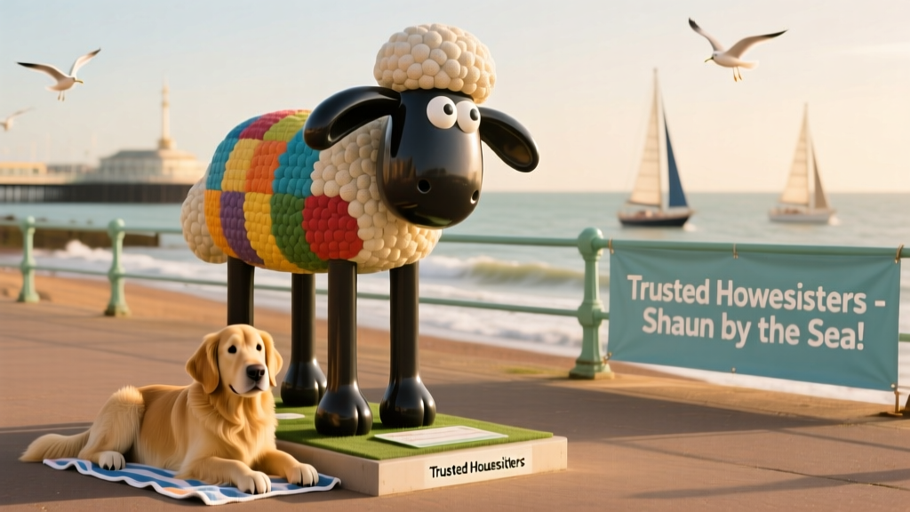 A colorful Shaun the Sheep sculpture installed on a seaside promenade in Brighton