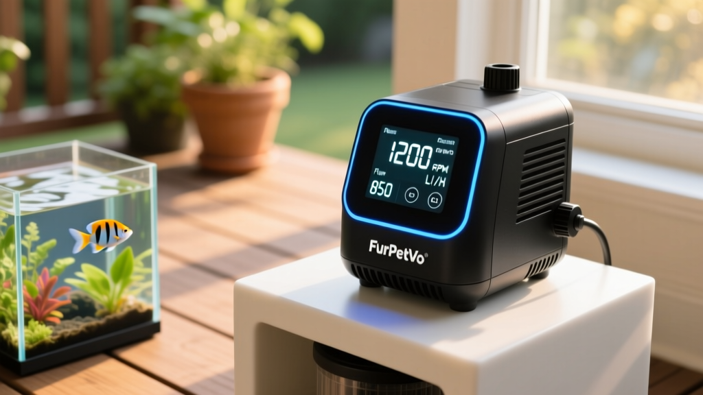 Close-up of the FurPetVo DCT pump with its digital controller displaying real-time RPM and flow settings