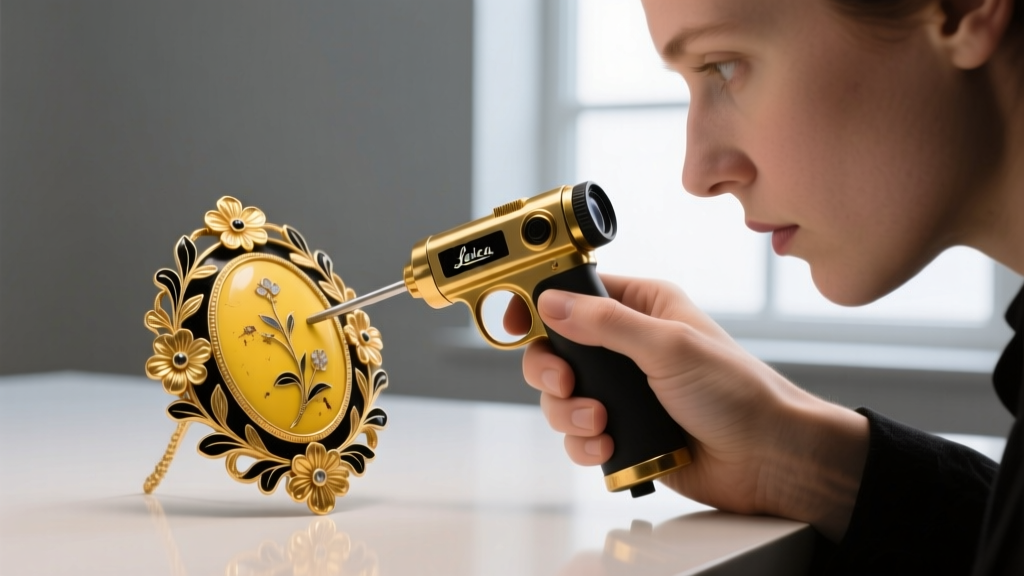 Jeweler using an XRF spectrometer gun to test the metal purity of an unmarked Victorian yellow gold and enamel mourning brooch