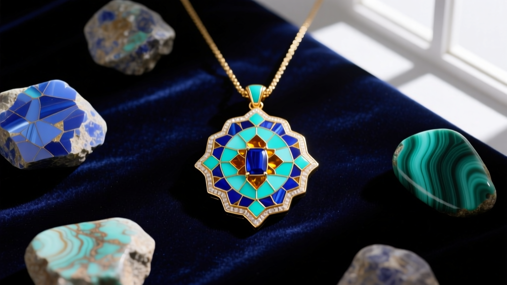 Flat lay of a Florentine pietra dura pendant surrounded by raw lapis lazuli and malachite stones on dark velvet under soft light.