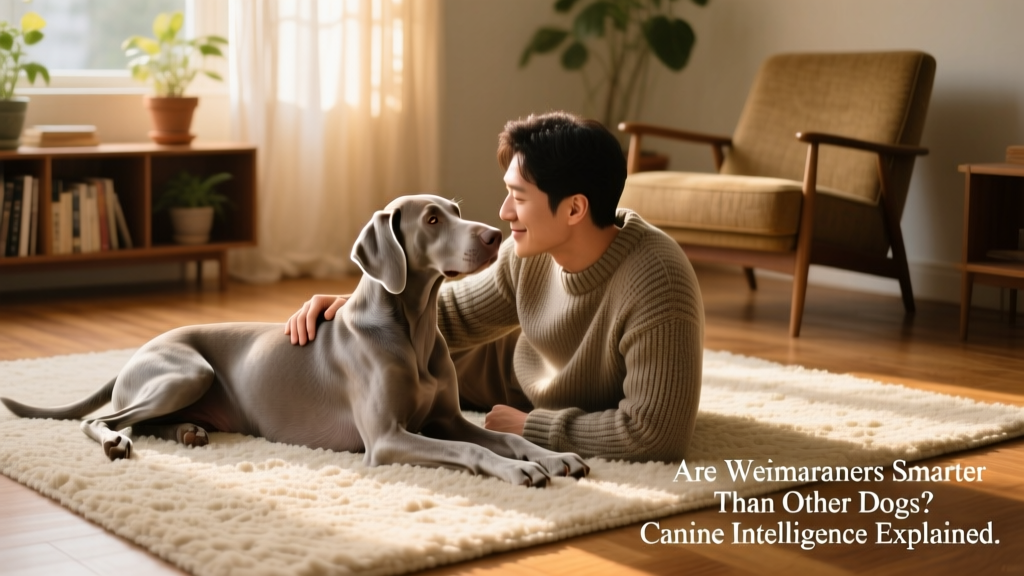 A relaxed Weimaraner lying beside its owner on a cozy living room rug, both looking content and connected