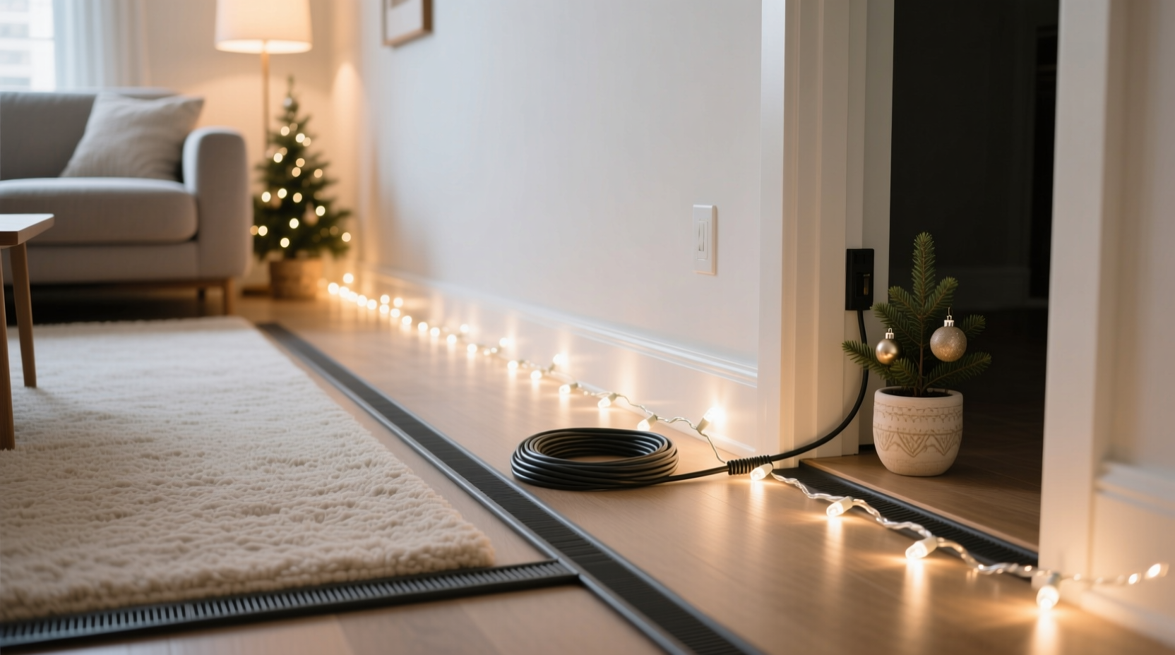 how to hide cords from floor level christmas light displays neatly and safely