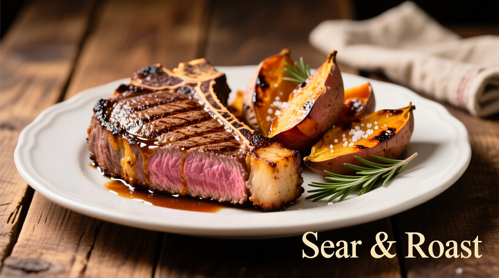 Perfectly seared steak with roasted sweet potatoes