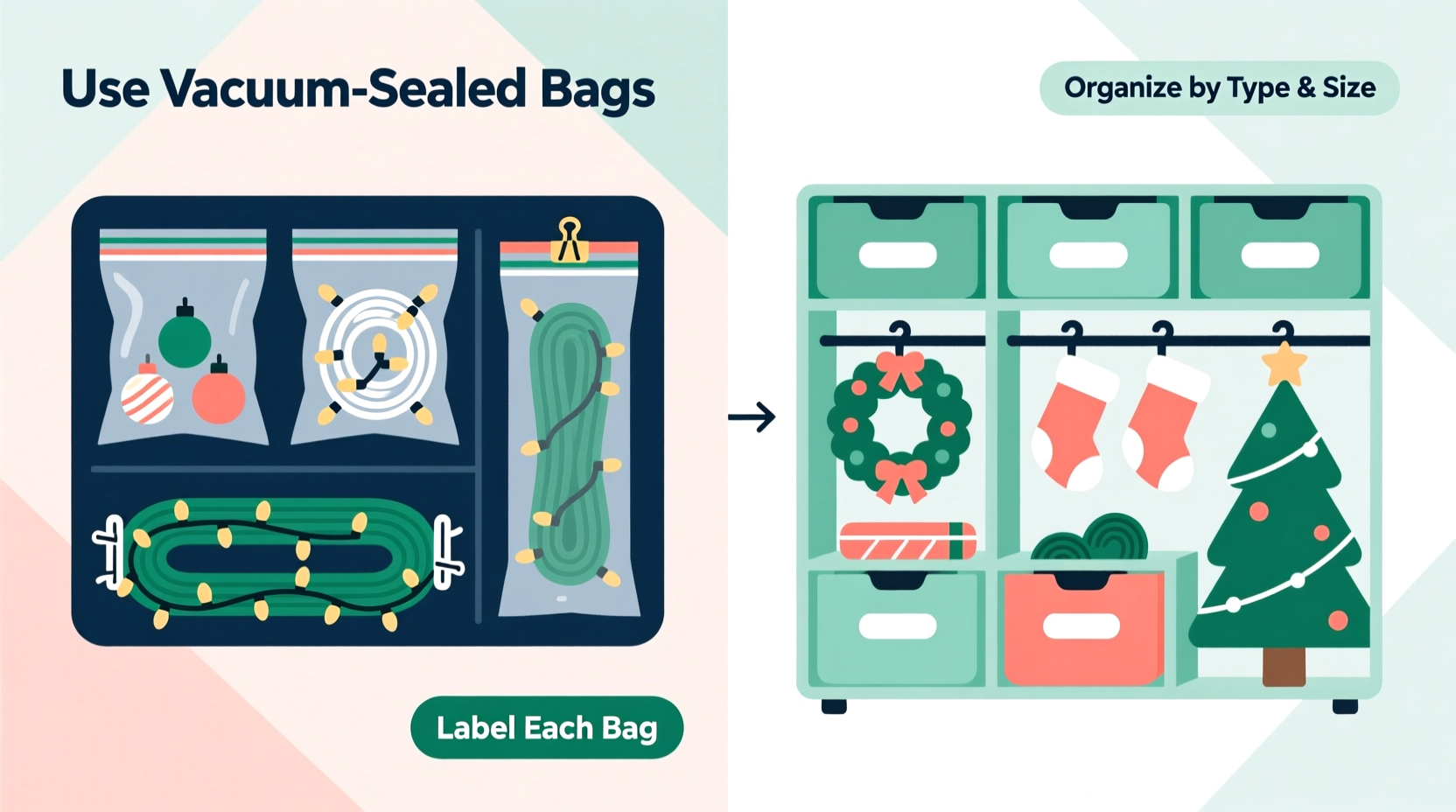 how to store christmas decorations without tangles using vacuum sealed bags and organizers
