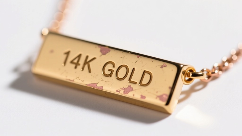 Close-up of faded laser engraving on a 14k gold bar necklace inspected under a jeweler's loupe with bright studio lighting