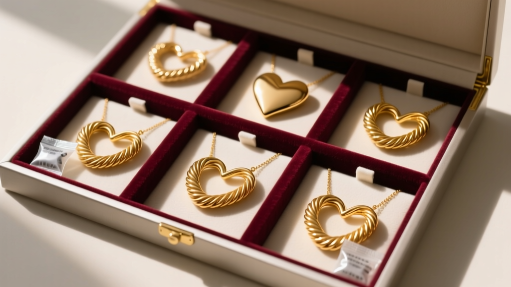 Anti-tarnish jewelry box displaying neatly coiled gold heart necklaces separated by velvet dividers and small silica gel packets.