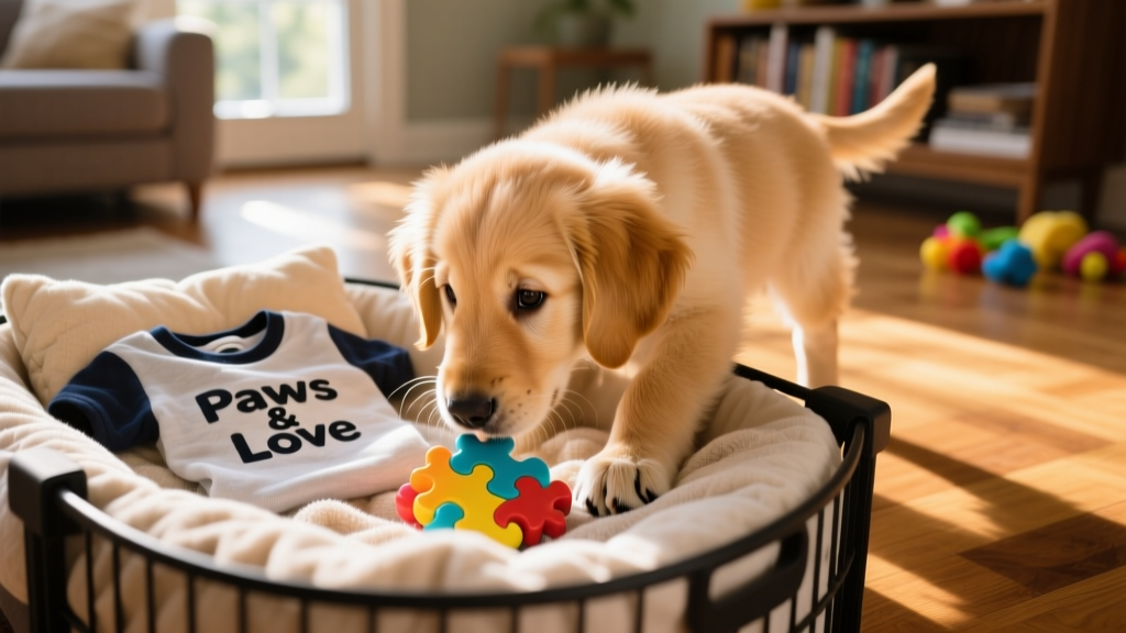 A puppy gently exploring a crate filled with soft bedding, a familiar-smelling t-shirt, and a puzzle toy