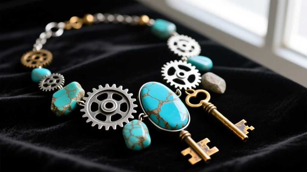 Close-up of an eclectic assemblage necklace featuring oxidized silver gears, raw turquoise, and brass keys on dark velvet