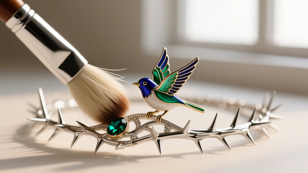Soft horsehair brush gently cleaning intricate silver thorns of a replica necklace, carefully avoiding the delicate enamel bird.