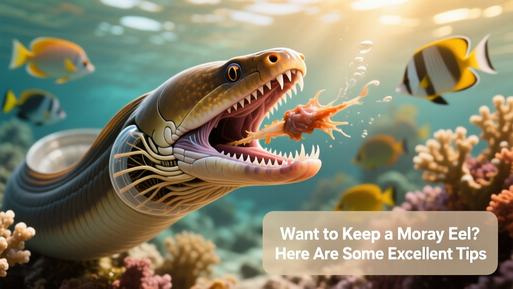 Close-up illustration showing moray eel's pharyngeal jaws extending forward during feeding, similar to a mechanical grip