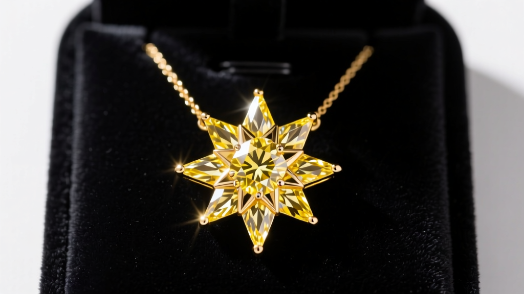 Close-up of a yellow gold starburst diamond pendant necklace resting on a dark velvet jewelry display pad under bright studio lighting