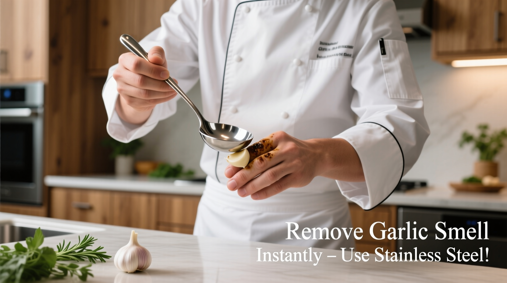 Chef demonstrating stainless steel garlic odor removal technique