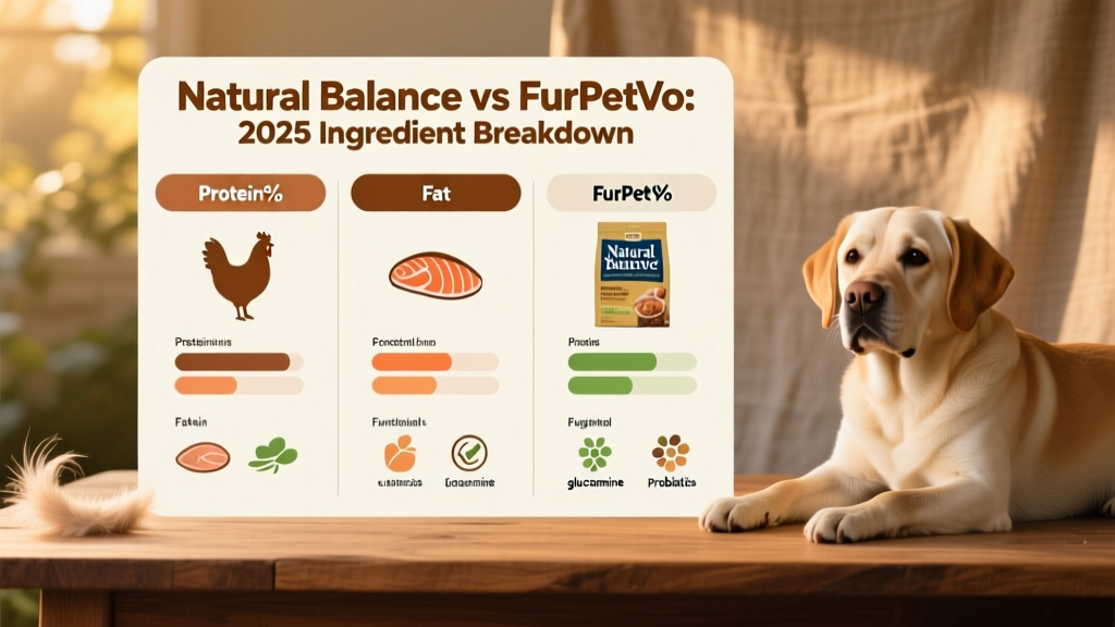 Side-by-side comparison chart showing protein percentages, fat content, and key functional ingredients for Natural Balance and FurPetVo formulas