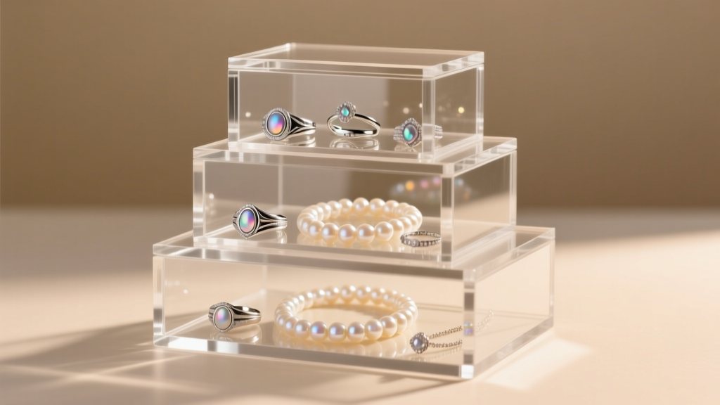 Three-tiered clear cast acrylic cake jewelry box filled with silver rings and pearl necklaces under soft warm studio lighting.
