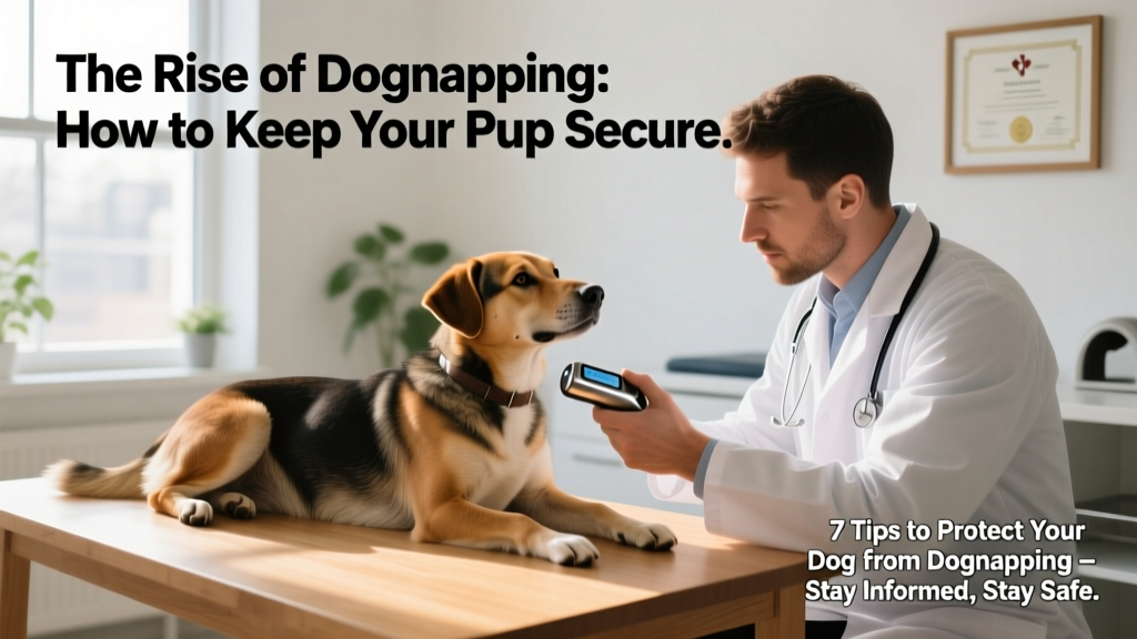 Veterinarian scanning a dog’s neck with a microchip reader; dog looks calm and relaxed