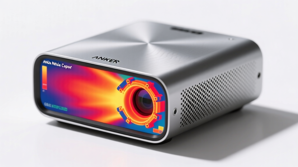 Thermal imaging camera view of an Anker Nebula Capsule 3 Laser showing heat dissipation patterns across the aluminum chassis.