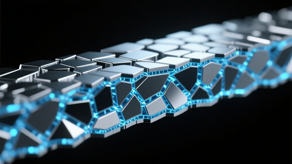 Cross-section render of austenitic 316L stainless steel grain structure under an electron microscope, dark background, blue tints.