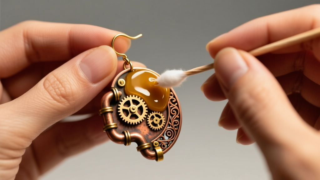 Hands applying Renaissance Wax to a copper steampunk earring using a cotton swab under bright, warm studio lighting conditions