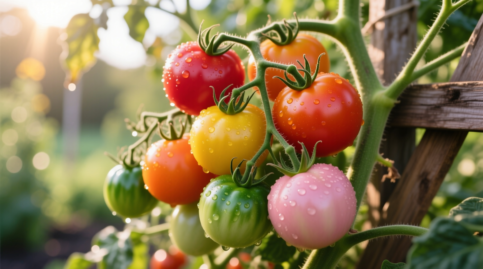 Colorful assortment of semi-indeterminate tomato varieties on vine
