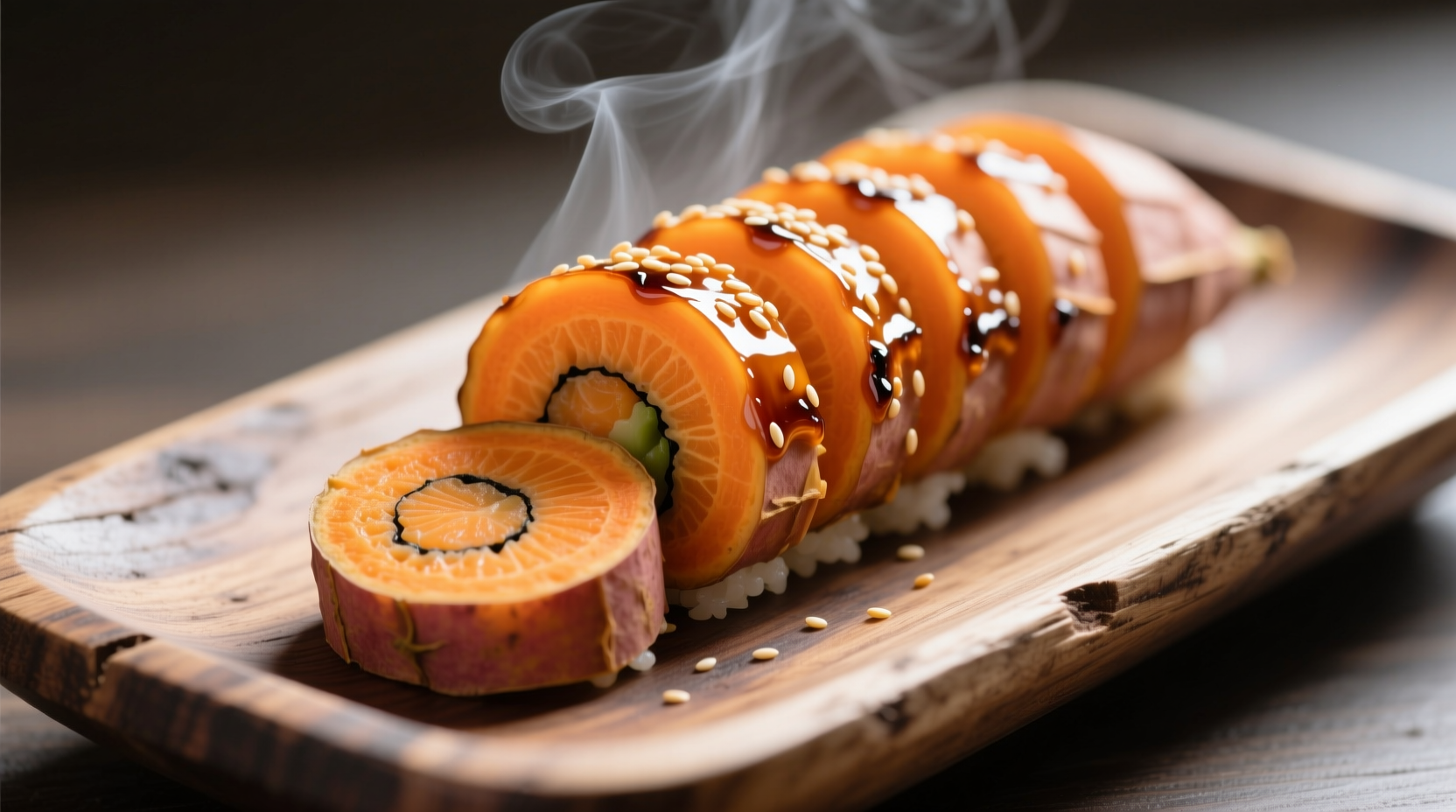 Freshly prepared sweet potato sushi roll on wooden platter
