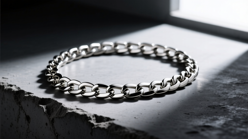 14mm stainless steel Cuban link street necklace on dark concrete, with side lighting highlighting the polished metal links