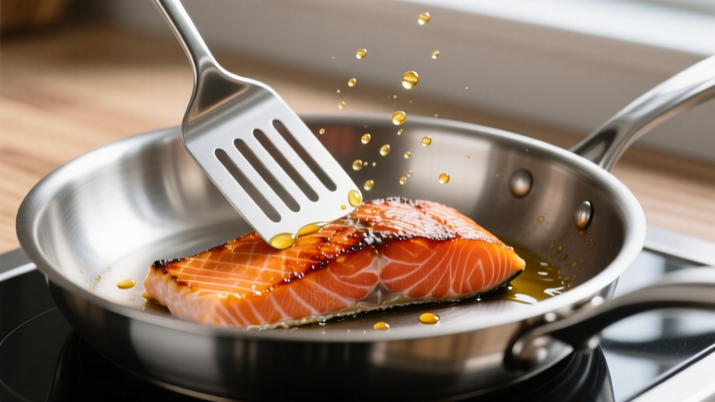 Side profile of a beveled slotted fish turner sliding under a seared salmon fillet in a stainless steel pan with oil splatter
