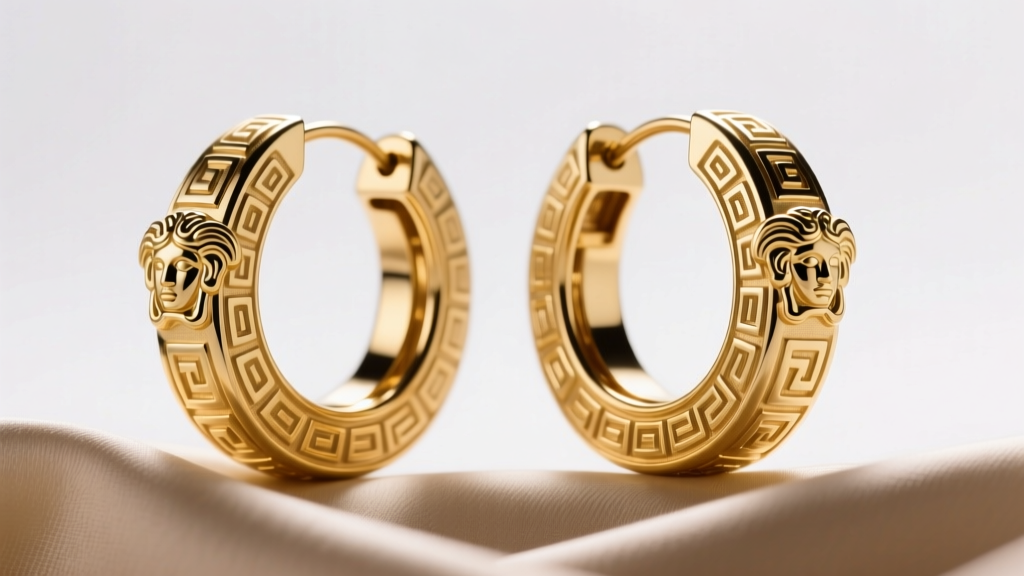 Close-up of oversized gold-tone Versace Medusa hoop earrings, studio lighting highlighting the embossed Greek key pattern on silk.