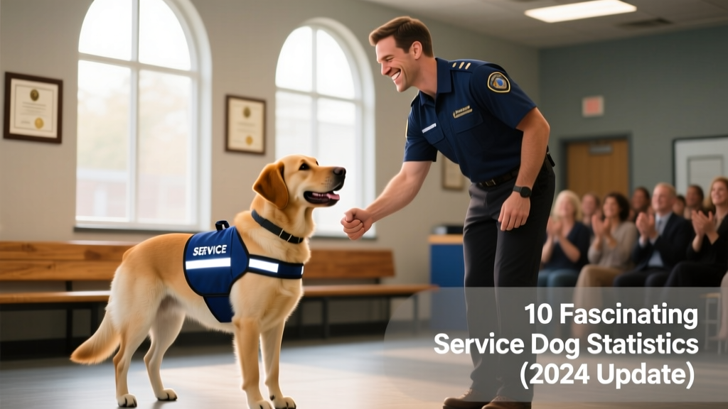 A smiling adult receiving their first service dog during a formal graduation ceremony, shaking hands with a trainer as the dog sits proudly in a navy-blue service vest