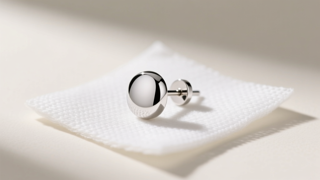 A pure 999 fine silver healing stud earring resting on sterile gauze, clinical lighting emphasizing the unalloyed metal.