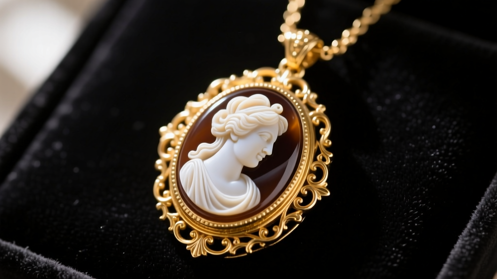 Close-up of an 18k gold Victorian vintage cameo locket necklace with a high-relief sardonyx agate carving on a dark velvet backdrop