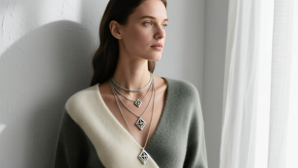 Woman wearing three layered Danish design Pilgrim necklaces of varying lengths over a deep V-neck cashmere sweater in muted tones