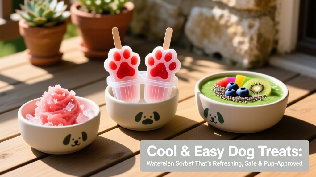 Three small dog bowls on a patio: one with watermelon sorbet, one with frozen pupsicles in silicone molds, and one with a green smoothie bowl topped with blueberries