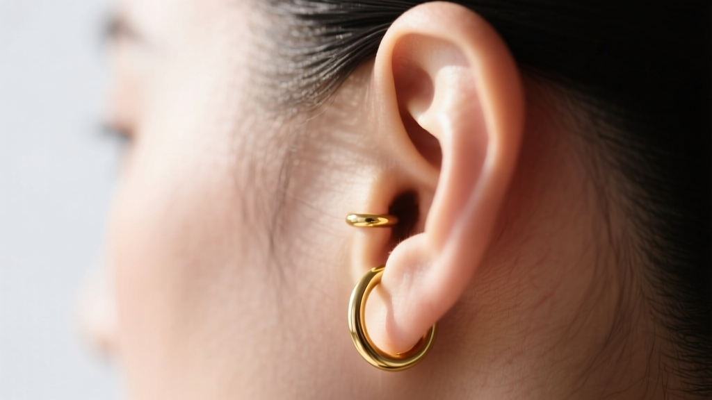 Side profile of an ear showing a perfectly fitted 6mm gold helix hoop hugging the cartilage without pinching in natural sunlight