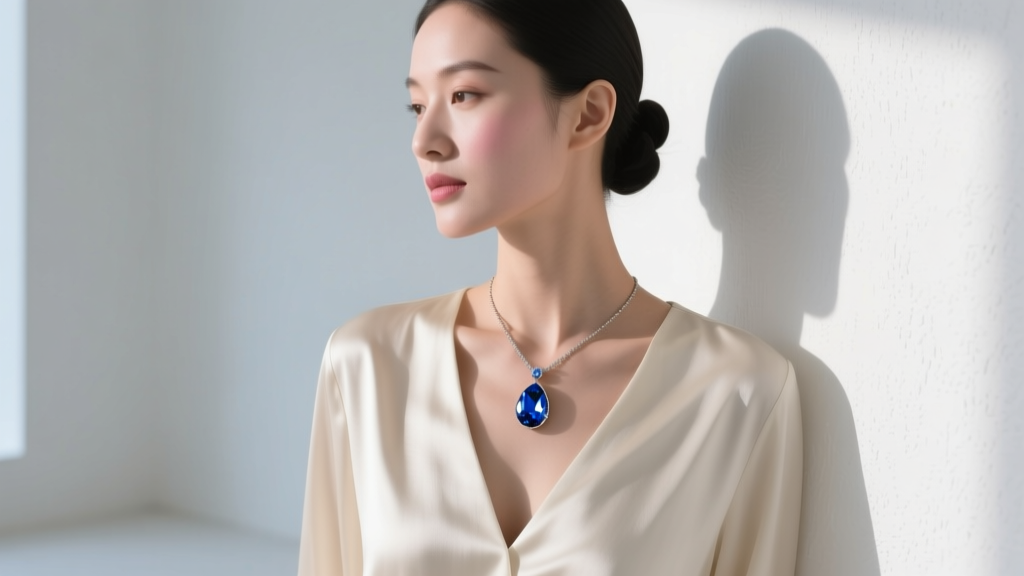 Woman wearing a vintage lavalier necklace with a sapphire drop pendant, layered over a cream silk blouse with a deep V-neckline.