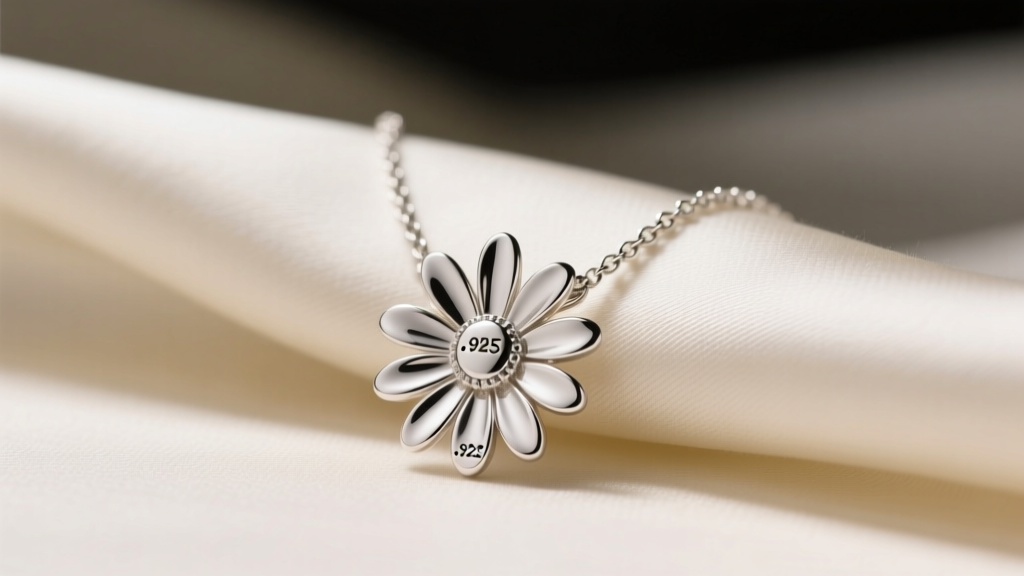 Sterling silver daisy necklace on cream silk, showing oxidized petal details and a .925 stamp under soft studio lighting.
