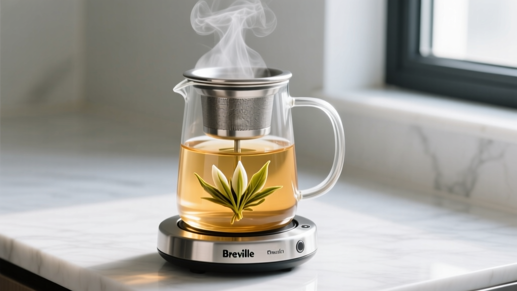 Glass Breville Smart Tea Infuser Touch with stainless steel basket submerged in hot water brewing loose leaf silver needle white tea
