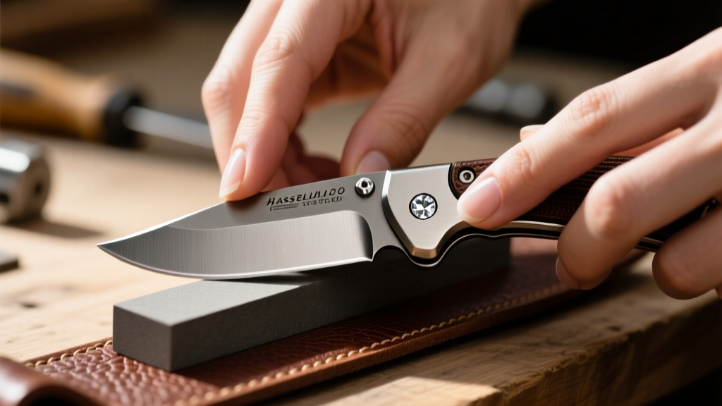 An expert hands using a diamond sharpening stone to maintain the edge of a premium titanium framelock pocket knife on a leather strop.