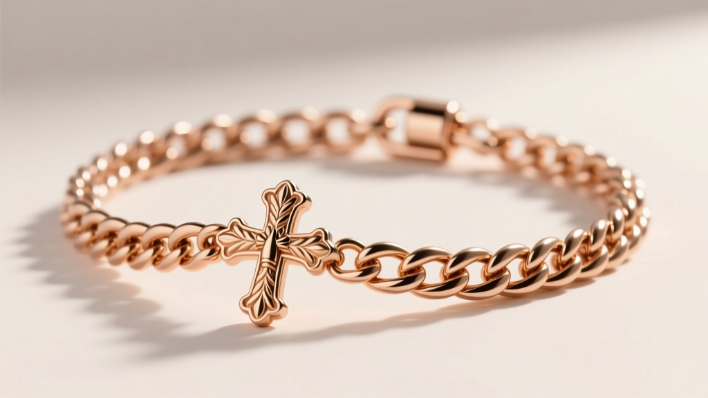14k rose gold wheat chain threaded through an ornate cross bail, highlighting the thick 4mm links and a secure lobster clasp.