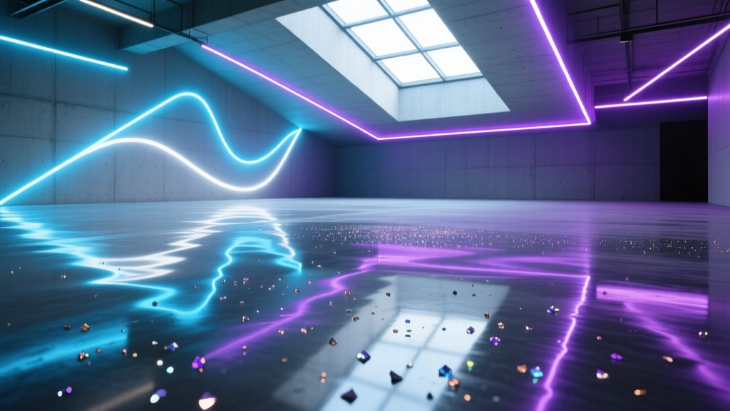 High-gloss metallic epoxy coating on a concrete floor reflecting LED lights, featuring seamless application with decorative flake broadcast.